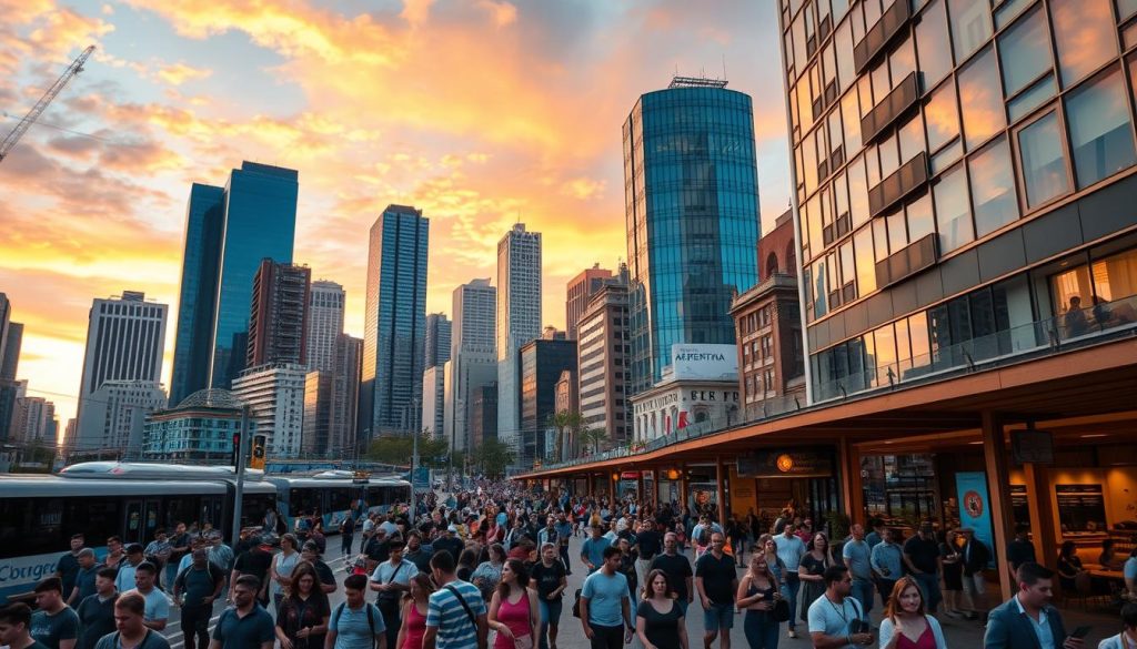 A bustling Argentine cityscape, modern skyscrapers rising against a vibrant sky. In the foreground, throngs of pedestrians, digital nomads with laptops and smartphones, navigating the lively streets. Sleek public transit systems connect neighborhoods, while renewable energy sources power the grid. In the middle ground, coworking spaces and cafes spill out onto sidewalks, hubs of collaboration and productivity. The background frames the scene, showcasing the city's integration of technology and sustainability, a vision of interconnected, cost-effective urban living. Warm, natural lighting illuminates the dynamic atmosphere, capturing the essence of Argentina's vibrant, accessible cities.