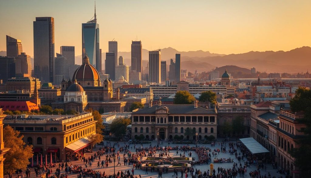 A bustling city skyline, with towering skyscrapers and historic buildings bathed in the warm, golden glow of the afternoon sun. In the foreground, a lively plaza teeming with locals and visitors, enjoying the vibrant street life and cultural offerings - musicians, artists, and vendors creating a captivating atmosphere. The middle ground features a mixture of modern and traditional architecture, reflecting the city's blend of old and new. In the background, rolling hills and mountains provide a scenic backdrop, hinting at the natural wonders that lie beyond the urban landscape. The scene conveys a sense of energy, creativity, and the perfect balance between work and leisure in this dynamic, cosmopolitan city.
