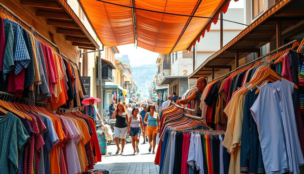 A bustling street market in a vibrant Latin American city, with a colorful clothing vendor stall in the foreground. The vendor is neatly arranging a variety of pre-owned garments, including shirts, dresses, and pants, on a well-organized display. The stall is illuminated by warm, natural sunlight filtering through the canopy overhead. In the middle ground, passersby browse the stalls, creating a lively atmosphere. The background is filled with a mix of traditional architecture, street life, and a hint of the city's skyline. The overall scene conveys a sense of community, entrepreneurship, and the thriving secondhand clothing market.