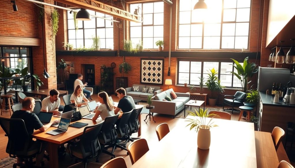 A cozy and vibrant coworking space in the heart of Córdoba, Argentina. The interior is bathed in warm, natural light filtering through large windows, illuminating a mix of modern and rustic furnishings. Ergonomic desks, comfortable chairs, and lush potted plants create a productive yet relaxed atmosphere. In the foreground, a group of digital nomads collaborate at a long communal table, laptops open and ideas flowing. The middle ground features a lounge area with plush sofas and armchairs, perfect for breaks and casual meetings. The background showcases exposed brick walls, wooden beams, and a sleek coffee bar, exuding an industrial-chic vibe. This image captures the quintessential coworking experience - a space that fosters creativity, productivity, and a sense of community for location-independent professionals.