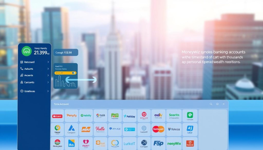 A detailed digital illustration showcasing the seamless synchronization of banking accounts within the MoneyWiz personal finance app. The foreground depicts a user-friendly dashboard displaying real-time account balances, recent transactions, and customizable analytics. The middle ground features a grid of various bank logos, representing the extensive integration with thousands of financial institutions. The background is a softly blurred cityscape, conveying the modern, metropolitan feel of personal wealth management. Rendered in a clean, vibrant style with a lighting scheme that highlights the app's intuitive interface and powerful features, creating an aspirational and trustworthy impression.