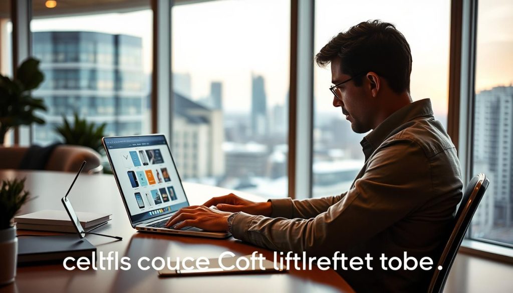 A modern, stylish office scene with a person sitting at a desk, closely examining various digital devices and platforms displayed on their laptop screen. The room is well-lit, with soft, warm lighting from large windows overlooking a cityscape in the background. The person is dressed in casual, professional attire, deep in concentration as they carefully consider the options before them. The atmosphere conveys a sense of thoughtfulness and decision-making, reflecting the subject of choosing the right platform to sell used clothing.
