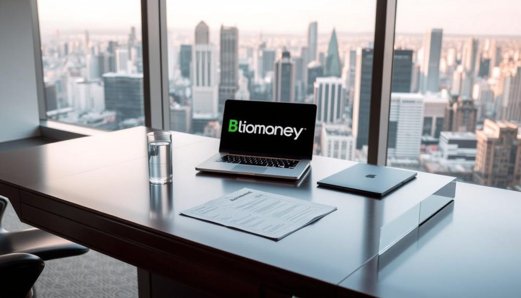 A serene, elegant office desk with a laptop, paperwork, and a glass of water. The desk is made of polished dark wood, with a sleek, modern design. The lighting is soft and warm, creating a calm and focused atmosphere. In the background, a large window overlooking a bustling city skyline, with the BioMoney logo prominently displayed on the window's surface. The overall scene conveys a sense of professionalism, expertise, and trustworthiness, reflecting the content of the article's section on identifying reliable and useful personal finance blogs in Argentina.