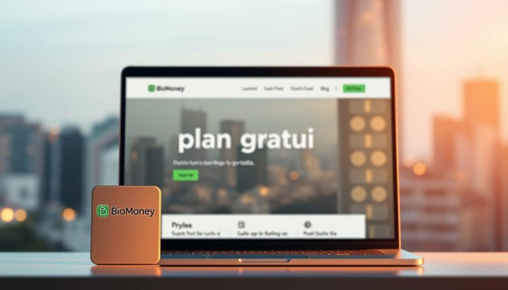 A striking visual representation of "plan gratuito" (free plan) on a sleek, modern website mockup. In the foreground, the BioMoney logo stands prominently, conveying a sense of trust and reliability. The middle ground showcases a simplified, uncluttered web interface with clean typography and intuitive navigation, highlighting the accessible nature of the free plan. The background features a blurred, out-of-focus cityscape, hinting at the wider digital landscape in which this free offering exists. Warm, directional lighting casts a subtle glow, creating a welcoming and inviting atmosphere. The overall composition strikes a balance between professionalism and approachability, reflecting the key attributes of the "plan gratuito" being presented.