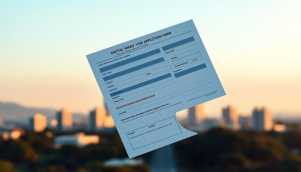 A vibrant and modern digital nomad visa application form, floating in a serene and minimalist Uruguayan landscape. The form is depicted with a clean, sleek design, rendered in shades of blue and grey to evoke a sense of professionalism and efficiency. In the background, a soft blurred skyline of Montevideo, the capital city, suggests the cosmopolitan appeal of Uruguay as a destination for digital nomads. Warm lighting casts a welcoming glow, creating an atmosphere of ease and possibility for those seeking to establish a temporary home in this South American haven. The composition emphasizes the streamlined process and progressive policies that make Uruguay an attractive option for the modern, location-independent professional.
