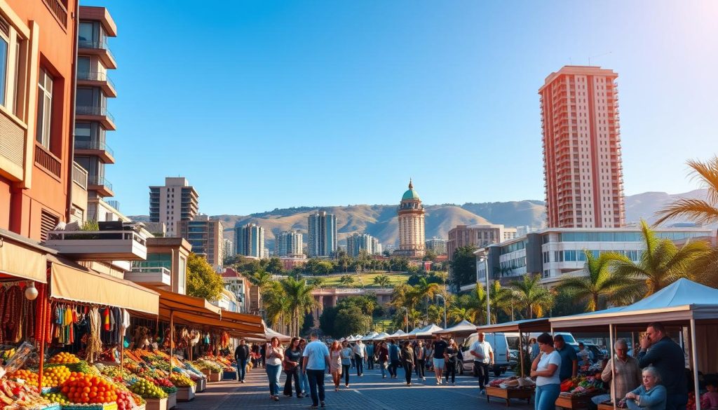 A vibrant cityscape showcasing the diverse costs of living in Argentina. In the foreground, a bustling street market with vibrant stalls selling local produce and handmade goods, conveying the affordability of daily necessities. In the middle ground, modern high-rise buildings and well-maintained parks, representing the comfortable quality of life. The background features rolling hills and a clear blue sky, suggesting the scenic natural beauty that complements the urban landscape. The scene is illuminated by warm, golden sunlight, creating a welcoming and inviting atmosphere. The overall image should communicate the balance between cost-effectiveness and high-quality living that can be achieved in Argentina's cities.