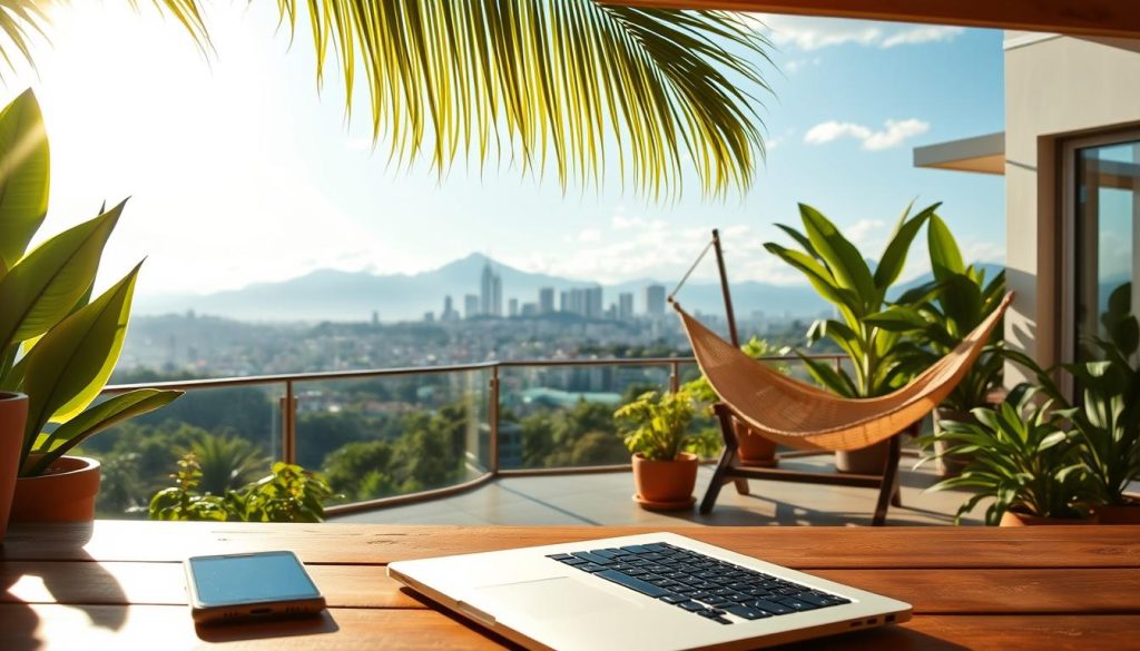 A vibrant, sun-drenched digital nomad visa in Colombia. In the foreground, a modern laptop and smartphone lay on a wooden table, surrounded by tropical plants and a distant view of the Andes mountains. The middle ground features a chic, minimalist Colombian home with a terrace and hammock, bathed in warm light. In the background, a bustling city skyline with towering skyscrapers and lush greenery. The overall scene conveys a sense of freedom, adventure, and the perfect work-life balance for digital nomads seeking a long-term stay in this South American paradise.