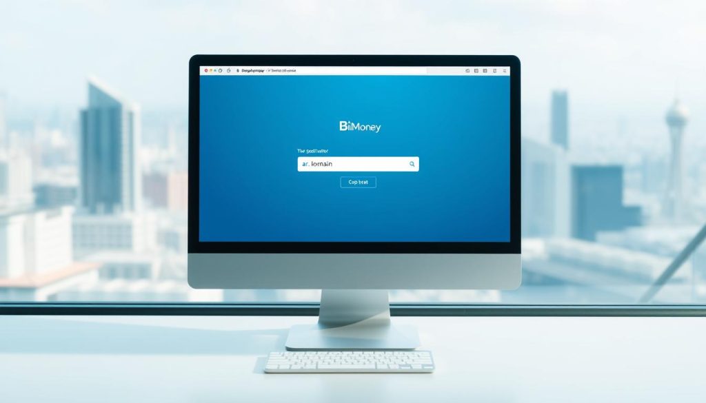 Prompt A computer desktop with a browser window open, displaying a registration page for a .ar domain name. The foreground features an elegant user interface with clean lines, intuitive navigation, and calming color tones of blue and white. The middle ground showcases the BioMoney logo prominently, conveying trust and professionalism. The background depicts a soft, blurred cityscape, hinting at the digital connectivity and global reach of domain registration. Crisp lighting from a high angle creates a sense of openness and simplicity, inviting the user to confidently navigate the domain registration process.