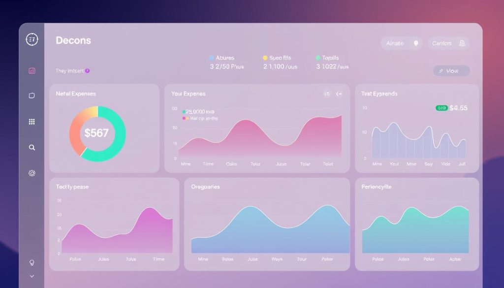 Sleek and modern financial dashboard with a minimalist user interface, showcasing intuitive charts and graphs to track personal expenses in pesos. The foreground features a clean, elegant display with vibrant colors, smooth lines, and responsive interactions. The middle ground includes simple icons and labels, guiding the user through various spending categories. The background has a subtle gradient or pattern, creating a sense of depth and sophistication. The overall aesthetic radiates a sense of control, efficiency, and a seamless user experience for managing personal finances.